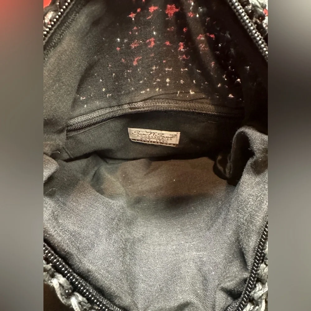 Sun’N’Sand Black Crochet/Woven Crossbody Bag with Metallic Silver Thread & Beads